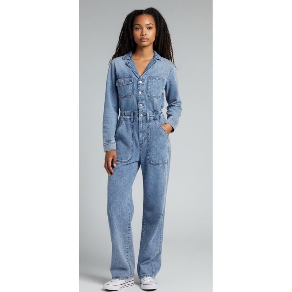 Universal Thread Womens Denim Jumpsuit Button Front Elastic Waist Blue 10R New